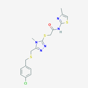 molecular formula C17H18ClN5OS3 B305263 2-[(5-{[(4-chlorobenzyl)sulfanyl]methyl}-4-methyl-4H-1,2,4-triazol-3-yl)sulfanyl]-N-(4-methyl-1,3-thiazol-2-yl)acetamide 