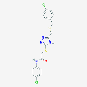 molecular formula C19H18Cl2N4OS2 B305265 2-[(5-{[(4-chlorobenzyl)sulfanyl]methyl}-4-methyl-4H-1,2,4-triazol-3-yl)sulfanyl]-N-(4-chlorophenyl)acetamide 