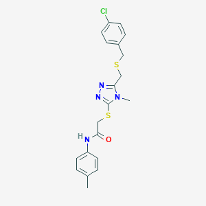 molecular formula C20H21ClN4OS2 B305266 2-[[5-[(4-chlorophenyl)methylsulfanylmethyl]-4-methyl-1,2,4-triazol-3-yl]sulfanyl]-N-(4-methylphenyl)acetamide 