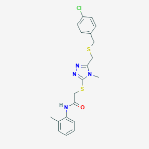 molecular formula C20H21ClN4OS2 B305267 2-[(5-{[(4-chlorobenzyl)sulfanyl]methyl}-4-methyl-4H-1,2,4-triazol-3-yl)sulfanyl]-N-(2-methylphenyl)acetamide 