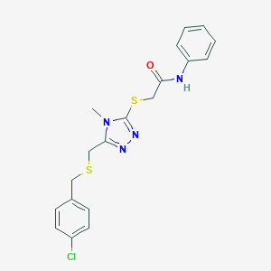 molecular formula C19H19ClN4OS2 B305268 2-[(5-{[(4-chlorobenzyl)sulfanyl]methyl}-4-methyl-4H-1,2,4-triazol-3-yl)sulfanyl]-N-phenylacetamide 