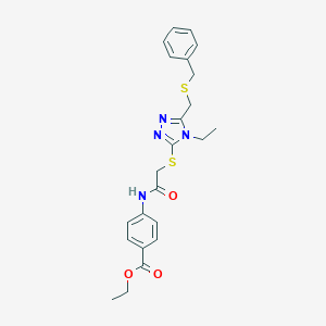molecular formula C23H26N4O3S2 B305269 ethyl 4-{[({5-[(benzylsulfanyl)methyl]-4-ethyl-4H-1,2,4-triazol-3-yl}sulfanyl)acetyl]amino}benzoate 