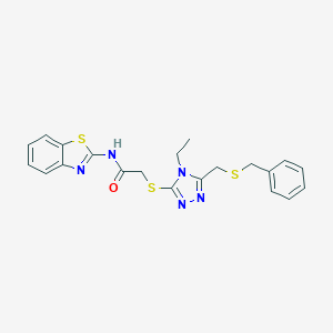 molecular formula C21H21N5OS3 B305270 N-(1,3-benzothiazol-2-yl)-2-({5-[(benzylsulfanyl)methyl]-4-ethyl-4H-1,2,4-triazol-3-yl}sulfanyl)acetamide 
