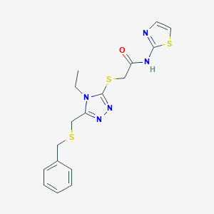 molecular formula C17H19N5OS3 B305272 2-({5-[(benzylsulfanyl)methyl]-4-ethyl-4H-1,2,4-triazol-3-yl}sulfanyl)-N-(1,3-thiazol-2-yl)acetamide 