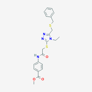 molecular formula C22H24N4O3S2 B305273 methyl 4-{[({5-[(benzylsulfanyl)methyl]-4-ethyl-4H-1,2,4-triazol-3-yl}sulfanyl)acetyl]amino}benzoate 