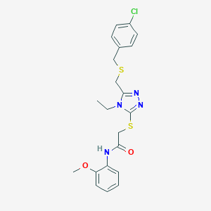 molecular formula C21H23ClN4O2S2 B305274 2-[(5-{[(4-chlorobenzyl)sulfanyl]methyl}-4-ethyl-4H-1,2,4-triazol-3-yl)sulfanyl]-N-(2-methoxyphenyl)acetamide 