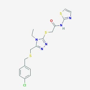 molecular formula C17H18ClN5OS3 B305275 2-[(5-{[(4-chlorobenzyl)sulfanyl]methyl}-4-ethyl-4H-1,2,4-triazol-3-yl)sulfanyl]-N-(1,3-thiazol-2-yl)acetamide 