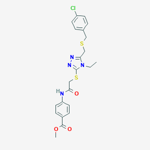 molecular formula C22H23ClN4O3S2 B305276 methyl 4-({[(5-{[(4-chlorobenzyl)sulfanyl]methyl}-4-ethyl-4H-1,2,4-triazol-3-yl)sulfanyl]acetyl}amino)benzoate 