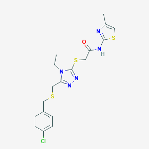 molecular formula C18H20ClN5OS3 B305277 2-[(5-{[(4-chlorobenzyl)sulfanyl]methyl}-4-ethyl-4H-1,2,4-triazol-3-yl)sulfanyl]-N-(4-methyl-1,3-thiazol-2-yl)acetamide 