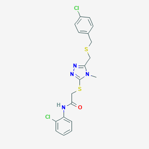 molecular formula C19H18Cl2N4OS2 B305279 2-[(5-{[(4-chlorobenzyl)sulfanyl]methyl}-4-methyl-4H-1,2,4-triazol-3-yl)sulfanyl]-N-(2-chlorophenyl)acetamide 
