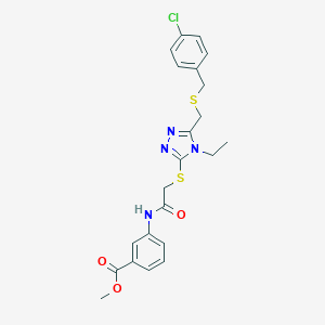 molecular formula C22H23ClN4O3S2 B305286 methyl 3-({[(5-{[(4-chlorobenzyl)sulfanyl]methyl}-4-ethyl-4H-1,2,4-triazol-3-yl)sulfanyl]acetyl}amino)benzoate 