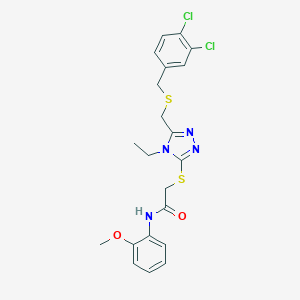 molecular formula C21H22Cl2N4O2S2 B305288 2-[(5-{[(3,4-dichlorobenzyl)sulfanyl]methyl}-4-ethyl-4H-1,2,4-triazol-3-yl)sulfanyl]-N-(2-methoxyphenyl)acetamide 