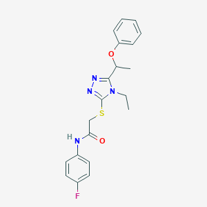 molecular formula C20H21FN4O2S B305308 2-{[4-ethyl-5-(1-phenoxyethyl)-4H-1,2,4-triazol-3-yl]sulfanyl}-N-(4-fluorophenyl)acetamide 
