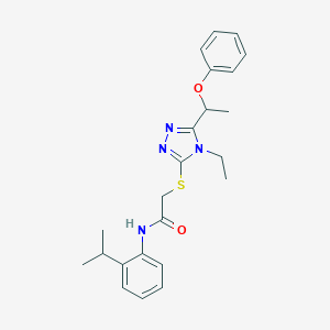 molecular formula C23H28N4O2S B305311 2-{[4-ethyl-5-(1-phenoxyethyl)-4H-1,2,4-triazol-3-yl]sulfanyl}-N-[2-(propan-2-yl)phenyl]acetamide 