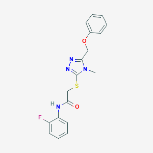 molecular formula C18H17FN4O2S B305326 N-(2-fluorophenyl)-2-{[4-methyl-5-(phenoxymethyl)-4H-1,2,4-triazol-3-yl]sulfanyl}acetamide 