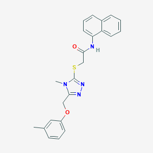 molecular formula C23H22N4O2S B305338 2-({4-methyl-5-[(3-methylphenoxy)methyl]-4H-1,2,4-triazol-3-yl}sulfanyl)-N-(naphthalen-1-yl)acetamide 