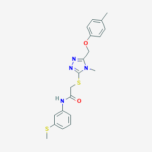 molecular formula C20H22N4O2S2 B305343 2-({4-methyl-5-[(4-methylphenoxy)methyl]-4H-1,2,4-triazol-3-yl}sulfanyl)-N-[3-(methylsulfanyl)phenyl]acetamide 