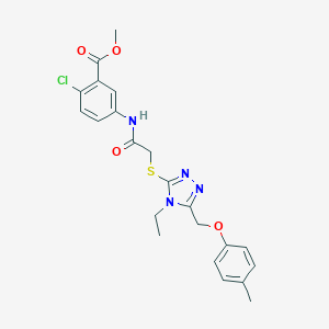 molecular formula C22H23ClN4O4S B305356 methyl 2-chloro-5-{[({4-ethyl-5-[(4-methylphenoxy)methyl]-4H-1,2,4-triazol-3-yl}sulfanyl)acetyl]amino}benzoate 