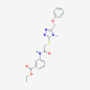 molecular formula C21H22N4O4S B305376 ethyl 3-[({[4-methyl-5-(phenoxymethyl)-4H-1,2,4-triazol-3-yl]sulfanyl}acetyl)amino]benzoate 
