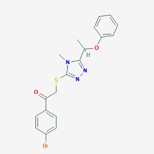 molecular formula C19H18BrN3O2S B305382 1-(4-bromophenyl)-2-{[4-methyl-5-(1-phenoxyethyl)-4H-1,2,4-triazol-3-yl]sulfanyl}ethanone 