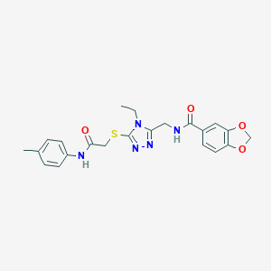 molecular formula C22H23N5O4S B305390 N-{[4-ethyl-5-({2-[(4-methylphenyl)amino]-2-oxoethyl}sulfanyl)-4H-1,2,4-triazol-3-yl]methyl}-1,3-benzodioxole-5-carboxamide 