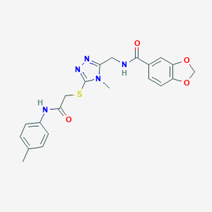 molecular formula C21H21N5O4S B305391 N-{[4-methyl-5-({2-[(4-methylphenyl)amino]-2-oxoethyl}sulfanyl)-4H-1,2,4-triazol-3-yl]methyl}-1,3-benzodioxole-5-carboxamide 