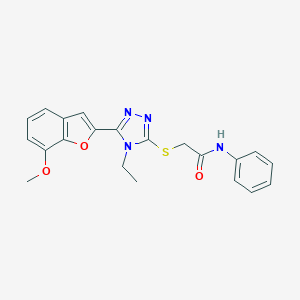 molecular formula C21H20N4O3S B305393 2-{[4-ethyl-5-(7-methoxy-1-benzofuran-2-yl)-4H-1,2,4-triazol-3-yl]sulfanyl}-N-phenylacetamide 