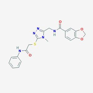 molecular formula C20H19N5O4S B305394 N-[(4-methyl-5-{[2-oxo-2-(phenylamino)ethyl]sulfanyl}-4H-1,2,4-triazol-3-yl)methyl]-1,3-benzodioxole-5-carboxamide 