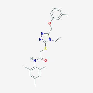 molecular formula C23H28N4O2S B305399 2-({4-ethyl-5-[(3-methylphenoxy)methyl]-4H-1,2,4-triazol-3-yl}thio)-N-mesitylacetamide 