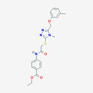 molecular formula C22H24N4O4S B305400 ethyl 4-{[({4-methyl-5-[(3-methylphenoxy)methyl]-4H-1,2,4-triazol-3-yl}sulfanyl)acetyl]amino}benzoate 