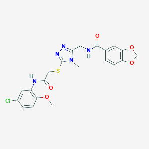 molecular formula C21H20ClN5O5S B305403 N-{[5-({2-[(5-chloro-2-methoxyphenyl)amino]-2-oxoethyl}sulfanyl)-4-methyl-4H-1,2,4-triazol-3-yl]methyl}-1,3-benzodioxole-5-carboxamide 