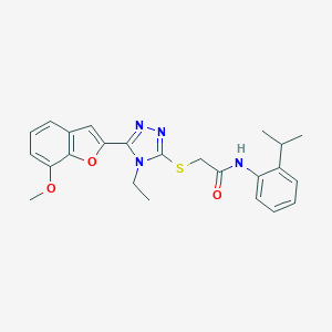 molecular formula C24H26N4O3S B305406 2-{[4-ethyl-5-(7-methoxy-1-benzofuran-2-yl)-4H-1,2,4-triazol-3-yl]sulfanyl}-N-[2-(propan-2-yl)phenyl]acetamide 