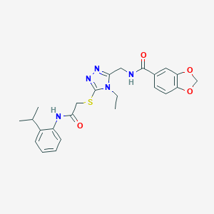 molecular formula C24H27N5O4S B305408 N-({4-ethyl-5-[(2-oxo-2-{[2-(propan-2-yl)phenyl]amino}ethyl)sulfanyl]-4H-1,2,4-triazol-3-yl}methyl)-1,3-benzodioxole-5-carboxamide 