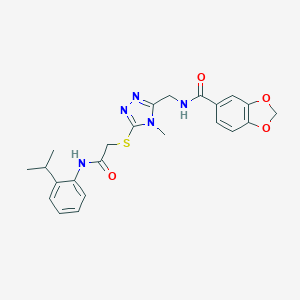 molecular formula C23H25N5O4S B305409 N-({4-methyl-5-[(2-oxo-2-{[2-(propan-2-yl)phenyl]amino}ethyl)sulfanyl]-4H-1,2,4-triazol-3-yl}methyl)-1,3-benzodioxole-5-carboxamide 