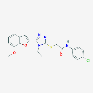 molecular formula C21H19ClN4O3S B305411 N-(4-chlorophenyl)-2-{[4-ethyl-5-(7-methoxy-1-benzofuran-2-yl)-4H-1,2,4-triazol-3-yl]sulfanyl}acetamide 