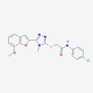 molecular formula C20H17ClN4O3S B305412 N-(4-chlorophenyl)-2-{[5-(7-methoxy-1-benzofuran-2-yl)-4-methyl-4H-1,2,4-triazol-3-yl]sulfanyl}acetamide 