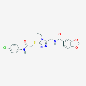 molecular formula C21H20ClN5O4S B305413 N-{[5-({2-[(4-chlorophenyl)amino]-2-oxoethyl}sulfanyl)-4-ethyl-4H-1,2,4-triazol-3-yl]methyl}-1,3-benzodioxole-5-carboxamide 