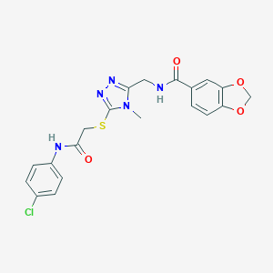 molecular formula C20H18ClN5O4S B305414 N-{[5-({2-[(4-chlorophenyl)amino]-2-oxoethyl}sulfanyl)-4-methyl-4H-1,2,4-triazol-3-yl]methyl}-1,3-benzodioxole-5-carboxamide 