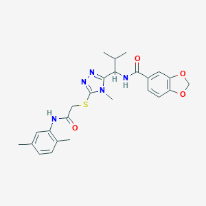 molecular formula C25H29N5O4S B305417 N-[1-(5-{[2-(2,5-dimethylanilino)-2-oxoethyl]thio}-4-methyl-4H-1,2,4-triazol-3-yl)-2-methylpropyl]-1,3-benzodioxole-5-carboxamide 