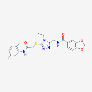 molecular formula C23H25N5O4S B305418 N-{[5-({2-[(2,5-dimethylphenyl)amino]-2-oxoethyl}sulfanyl)-4-ethyl-4H-1,2,4-triazol-3-yl]methyl}-1,3-benzodioxole-5-carboxamide 
