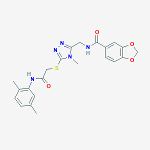 molecular formula C22H23N5O4S B305419 N-{[5-({2-[(2,5-dimethylphenyl)amino]-2-oxoethyl}sulfanyl)-4-methyl-4H-1,2,4-triazol-3-yl]methyl}-1,3-benzodioxole-5-carboxamide 