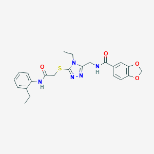 molecular formula C23H25N5O4S B305421 N-{[4-ethyl-5-({2-[(2-ethylphenyl)amino]-2-oxoethyl}sulfanyl)-4H-1,2,4-triazol-3-yl]methyl}-1,3-benzodioxole-5-carboxamide 