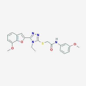 molecular formula C22H22N4O4S B305423 2-{[4-ethyl-5-(7-methoxy-1-benzofuran-2-yl)-4H-1,2,4-triazol-3-yl]sulfanyl}-N-(3-methoxyphenyl)acetamide 