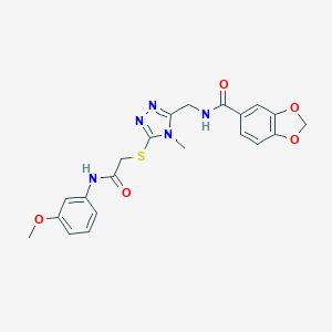 molecular formula C21H21N5O5S B305425 N-{[5-({2-[(3-methoxyphenyl)amino]-2-oxoethyl}sulfanyl)-4-methyl-4H-1,2,4-triazol-3-yl]methyl}-1,3-benzodioxole-5-carboxamide 