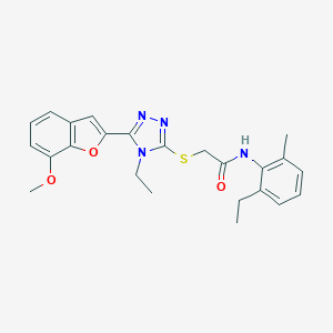 molecular formula C24H26N4O3S B305435 2-{[4-ethyl-5-(7-methoxy-1-benzofuran-2-yl)-4H-1,2,4-triazol-3-yl]sulfanyl}-N-(2-ethyl-6-methylphenyl)acetamide 