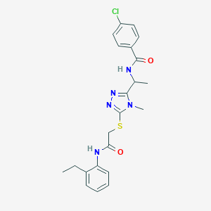 molecular formula C22H24ClN5O2S B305442 4-chloro-N-{1-[5-({2-[(2-ethylphenyl)amino]-2-oxoethyl}sulfanyl)-4-methyl-4H-1,2,4-triazol-3-yl]ethyl}benzamide 
