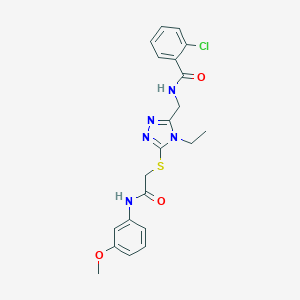 molecular formula C21H22ClN5O3S B305445 2-chloro-N-{[4-ethyl-5-({2-[(3-methoxyphenyl)amino]-2-oxoethyl}sulfanyl)-4H-1,2,4-triazol-3-yl]methyl}benzamide 