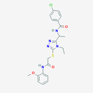 molecular formula C22H24ClN5O3S B305449 4-chloro-N-{1-[4-ethyl-5-({2-[(2-methoxyphenyl)amino]-2-oxoethyl}sulfanyl)-4H-1,2,4-triazol-3-yl]ethyl}benzamide 
