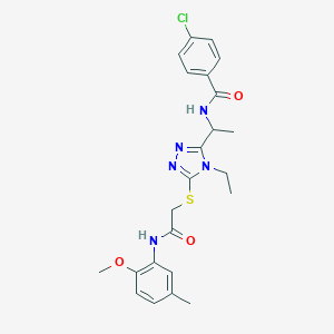 molecular formula C23H26ClN5O3S B305453 4-chloro-N-{1-[4-ethyl-5-({2-[(2-methoxy-5-methylphenyl)amino]-2-oxoethyl}sulfanyl)-4H-1,2,4-triazol-3-yl]ethyl}benzamide 