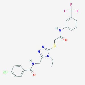 molecular formula C21H19ClF3N5O2S B305464 4-chloro-N-({4-ethyl-5-[(2-oxo-2-{[3-(trifluoromethyl)phenyl]amino}ethyl)sulfanyl]-4H-1,2,4-triazol-3-yl}methyl)benzamide 